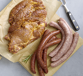 Colis de côte échine avec os marinée, saucisses et merguez - Le kg 12,99€ 