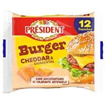 PRÉSIDENT Fromage burger cheddar et emmental en tranches x12