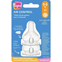 Tigex, Tétines silicone x2 col étroit air control 0/6 mois lait eau