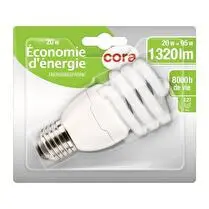 Cora, Ampoule fluo compact blanc chaud E27 20W