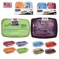 Take away, Lunch box avec couverts  comprenant 3 compartiments 220,250 et 450ml + 1 couteau et 1 fourchette. en polypropylène coloris assortis