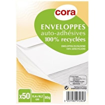 Cora, enveloppes x50 auto adhesives papier recycle blanc 80g 114x162