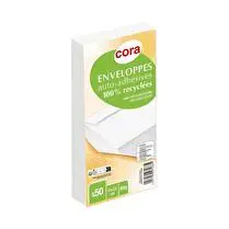 Cora, enveloppes x50 auto adhesives 110x220 papier recycle blanc 80g