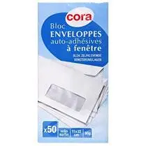 Cora, bloc 50 enveloppes a fenetre 110x220 pefc 80g sous cellophane cora