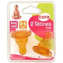 Cora, Tétines latex x2 1er âge bout rond - 0/6 mois (lait et eau)