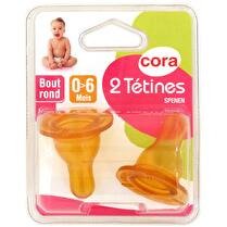 CORA Tétines latex x2 1er âge bout rond - 0/6 mois (lait et eau)