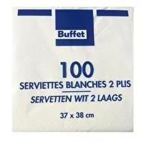Buffet, SERVIETTES 2 PLIS 38X38 BLANCHE x100