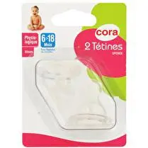 Cora, Tétines silicone x2 2ème âge physio - 6/18 mois (bouillie)