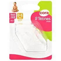 Cora, Tétines silicone x2 1er ge bout rond - 0/6 mois (lait et eau)