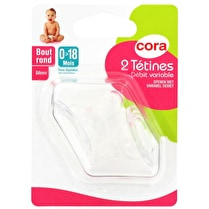 Cora, Tétines silicone x2 bout rond débit variable - 0/18 mois (tous liquide)