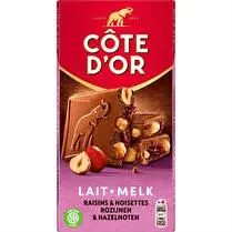 Côte d'or, Chocolat au lait aux noisettes entières et aux raisins