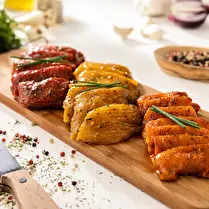 Votre boucher propose, Produit élaboré : Plateau cuisson sur pierre de boeuf, porc et dinde