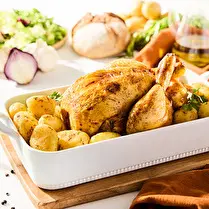Votre boucher propose, Produit élaboré : Poulet rôti    Pommes de terre rondes