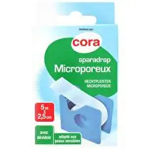 Cora, Sparadrap microporeux blanc avec devidoir 5M X 2.5cm