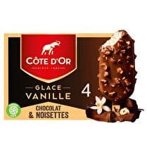 CÔTE D'OR Bâtonnets chocolat noisettes glace vanille x4