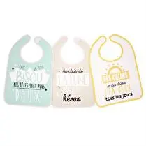Babycalin, Bavoirs messages ludiques 25x36cm - devant jersey 100% coton, dos éponge 50% coton 50% polyester - fermeture velcro - x 3