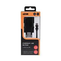 Apm, Chargeur secteur 1usb 2,1A noir + cordon micro usb 1m 570337