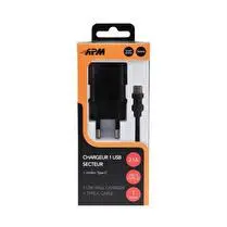 Apm, Chargeur secteur 1 usb 2.1 a noir + cordon type-c 1m Réf. 570339