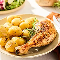 Votre boucher propose, Produit élaboré : Cuisse de poulet rotie pommes de terre rondes dorées