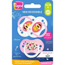 Tigex, Sucettes silicone x3 jour / nuit réversible - 18/36 mois fille