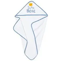 Babycalin, Cape de bain SUPER BEBE ou BEBE A CROQUER 70x70cm, avec capuche, éponge 100% coton, coloris blanc/bleu