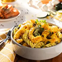 Cuisiné dans nos ateliers, Fusilli crevettes aux légumes