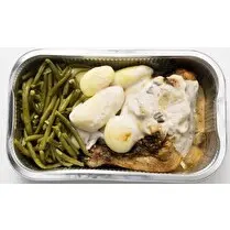 Votre boucher propose, Produit élaboré : Cuisse de poulet rotie pomme de terre avec haricots verts et sauce champignons