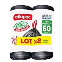 ALFAPAC Sac poubelle ultra-résistant 50 L  Poignées coulissantes, bi-matière recyclée & végétale, fabriqué en France - Lot 2 x 10 sacs