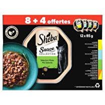 SHEBA Barquettes pour chat adulte  Sélection mixte en sauce  - 12 x 85 g dont 4 offerts