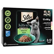 Sheba, Kitten en sauce sélection mixte en sachets fraîcheur pour chaton saumon et poule x 12