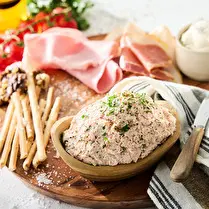 Préparé dans nos ateliers, Rillettes aux deux jambons