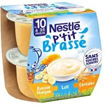 Nestlé, P'tit brassé 3 en 1 banane mangue lait muesli dès 10 mois