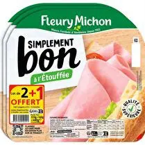 Fleury michon, Jambon Simplement bon à l'étouffée sans couenne - 4 tranches lot de 2 + 1 offert