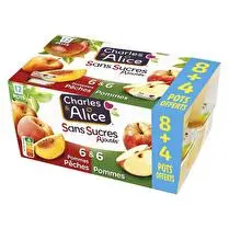 Charles & Alice, Compote sans sucres ajoutés Pommes pêches & pommes - 8 + 4 offert
