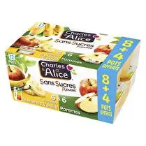 Charles & Alice, Compote sans sucres ajoutés Pommes bananes vanille & pommes - 8 + 4 offert soit 12 x 100 g