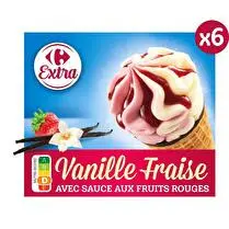 Carrefour, Cônes glacés Vanille fraise avec sauce aux fruits rouges