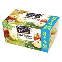 Charles & Alice, Compote sans sucres ajoutés Pommes poires & pommes - 8 + 4 offert