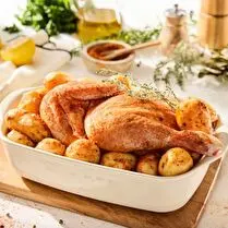 Votre boucher propose, Produit élaboré : demi poulet rôti  et  pommes de terre rondes