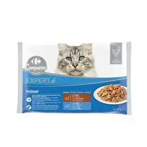 Carrefour, Sachets fraicheur chat expert Indoor en sauce au veau et au thon - 4 x 85 g