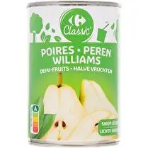 Carrefour, Fruits au sirop poire Williams demi fuits
