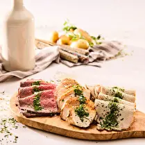 Votre boucher propose, Produit élaboré : Plateau de viandes cuites : rôti de boeuf et de porc, filet de poulet rôti