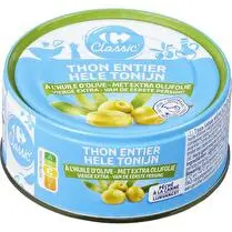 Carrefour, Thon listao entier à l'huile d'olive vierge extra.