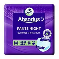Carrefour, Culottes fuites urinaires mixtes protection totale nuit Taille M Absodys