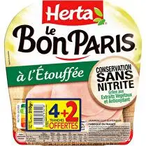 Herta, Le bon Paris jambon A l'étouffée, Conservation sans nitrite - x 6 soit 4 + 2 tranches offert