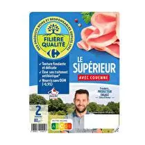 Filière Qualité Carrefour, Jambon Le Supérieur avec couenne - 2 tranches
