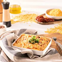 Cuisiné dans nos ateliers, Gratin de coquillettes au cheddar et chorizo
