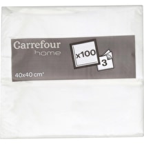 Carrefour, lot de 100 Serviettes 3 plis 40cm blanc