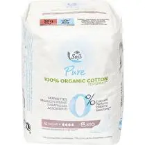 Carrefour, Serviettes Hygiéniques avec Ailettes Night Plus Coton Bio Ultra-minces Pure