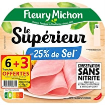 Fleury michon, Jambon Le supérieur - 25% de sel Conservation sans nitrite - 6 tranches + 3 offertes soit 315 g