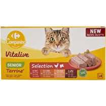 Carrefour, Pâtée Pour Chat Sénior En Terrine Gibier Dinde Boeuf Volaille Vitalive